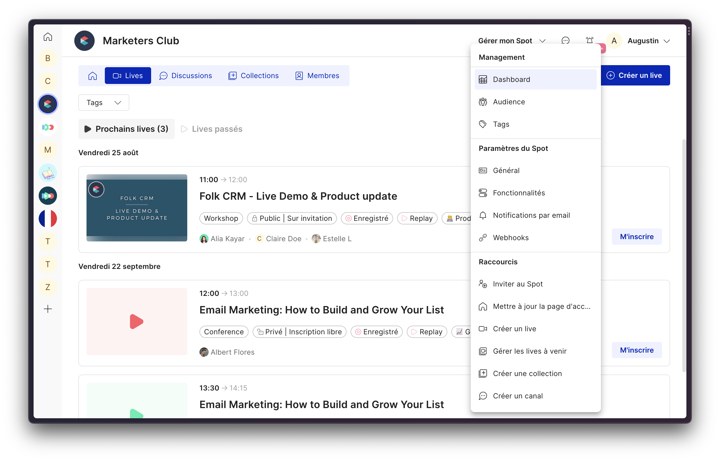 Accès au Dashboard depuis le menu d'accès rapide