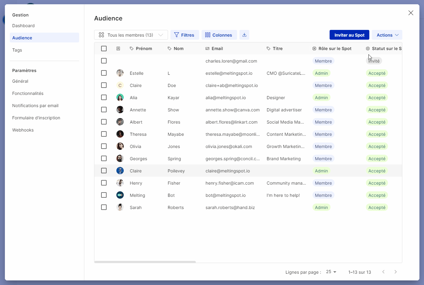 Inviter un membre au Spot