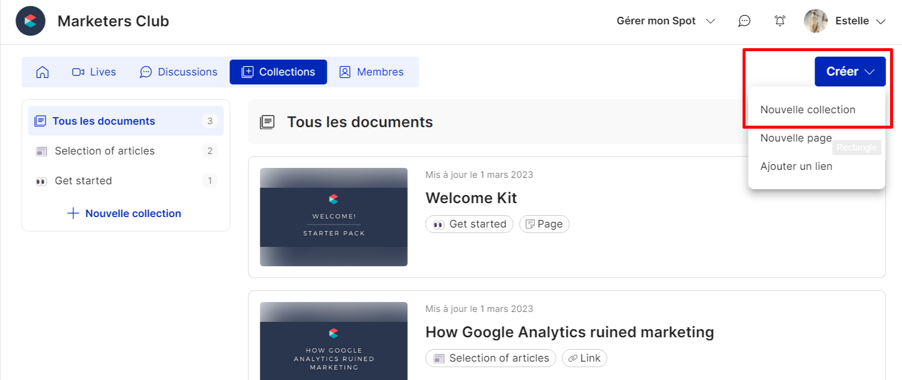 Bouton créer une nouvelle collection en haut à droite de l'écran
