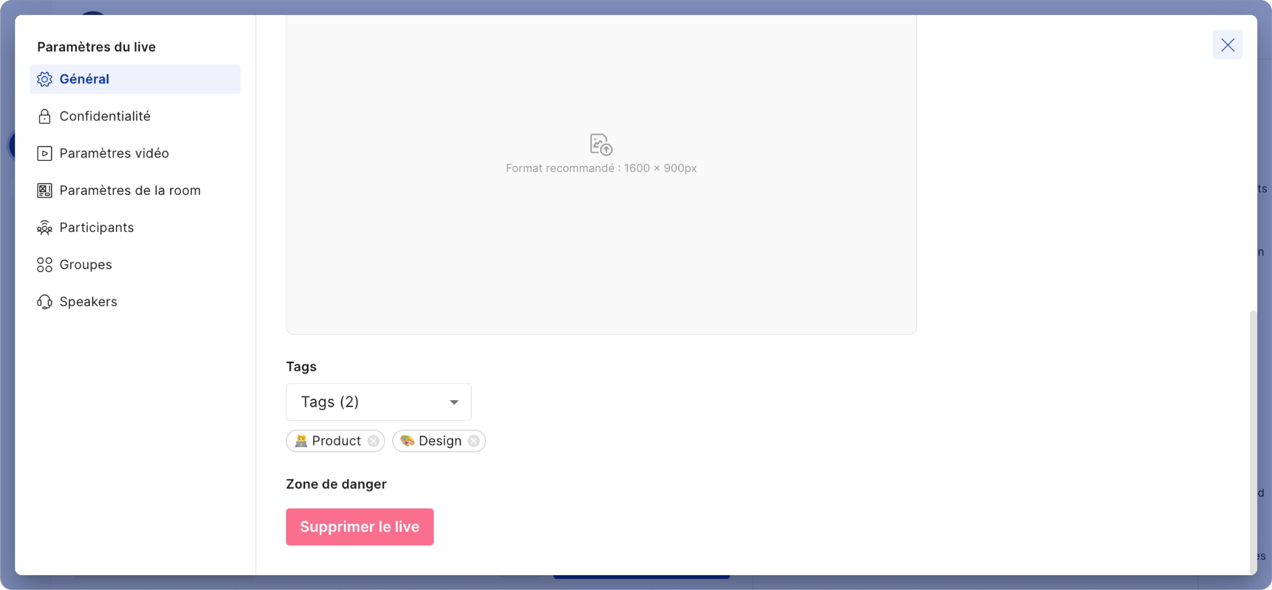 Sélection et édition des tags depuis les paramètres d'édition d'un live