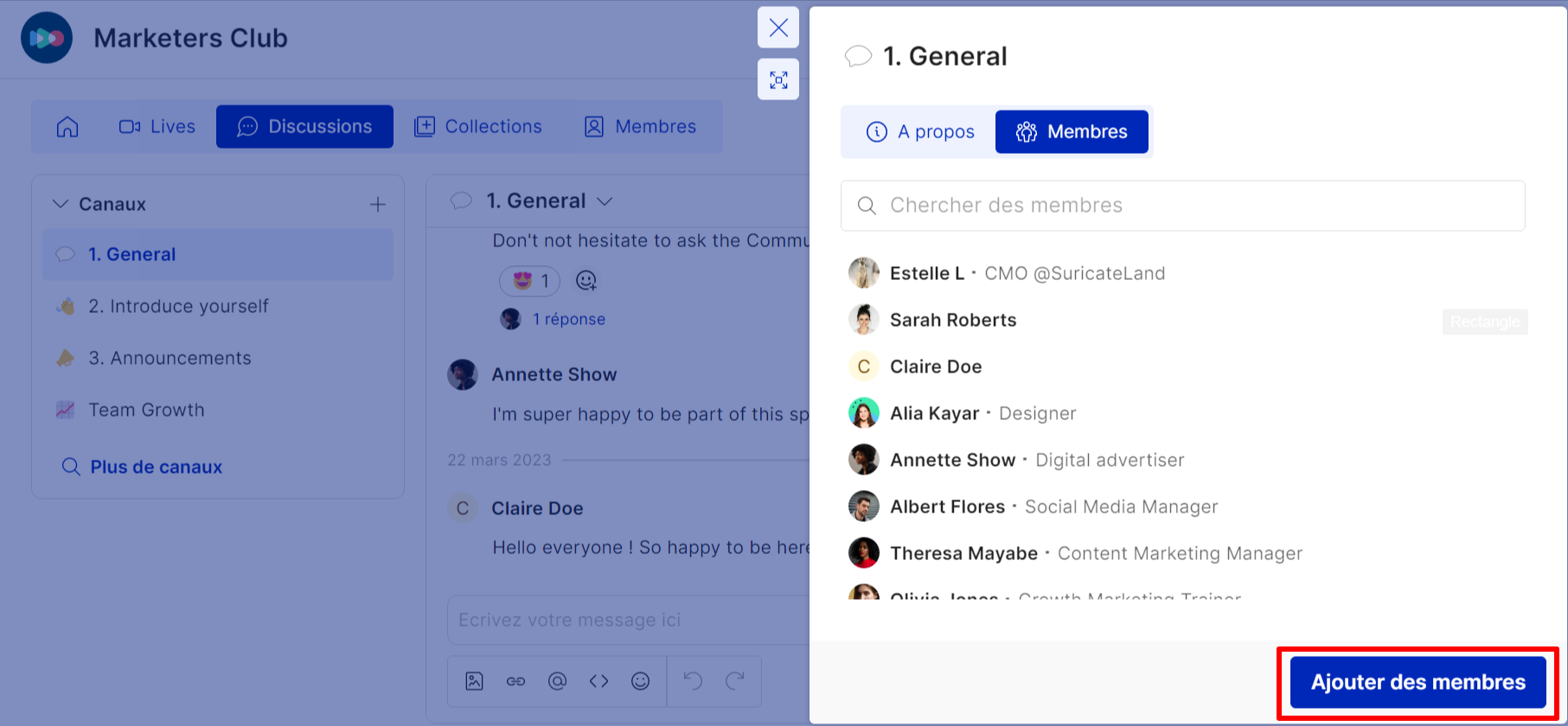 Bouton pour ajouter des membres à un canal de discussion