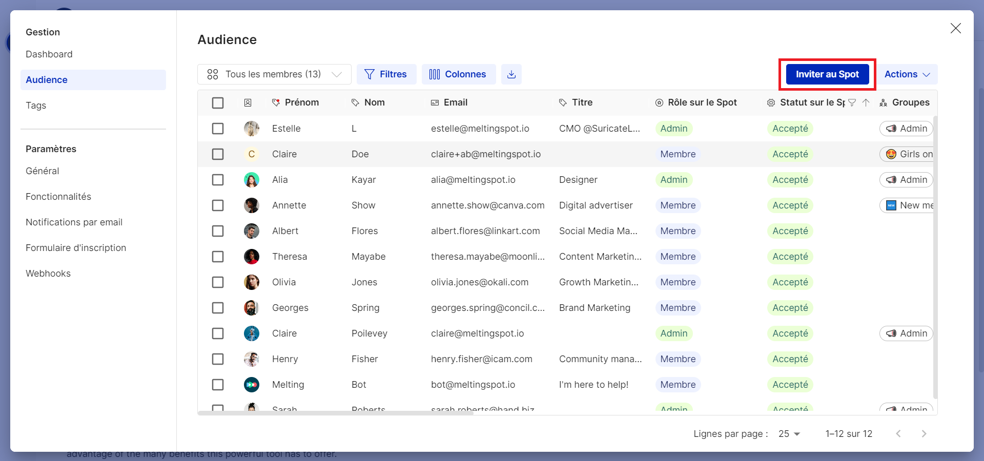 Bouton "Inviter au Spot" depuis la page Audience